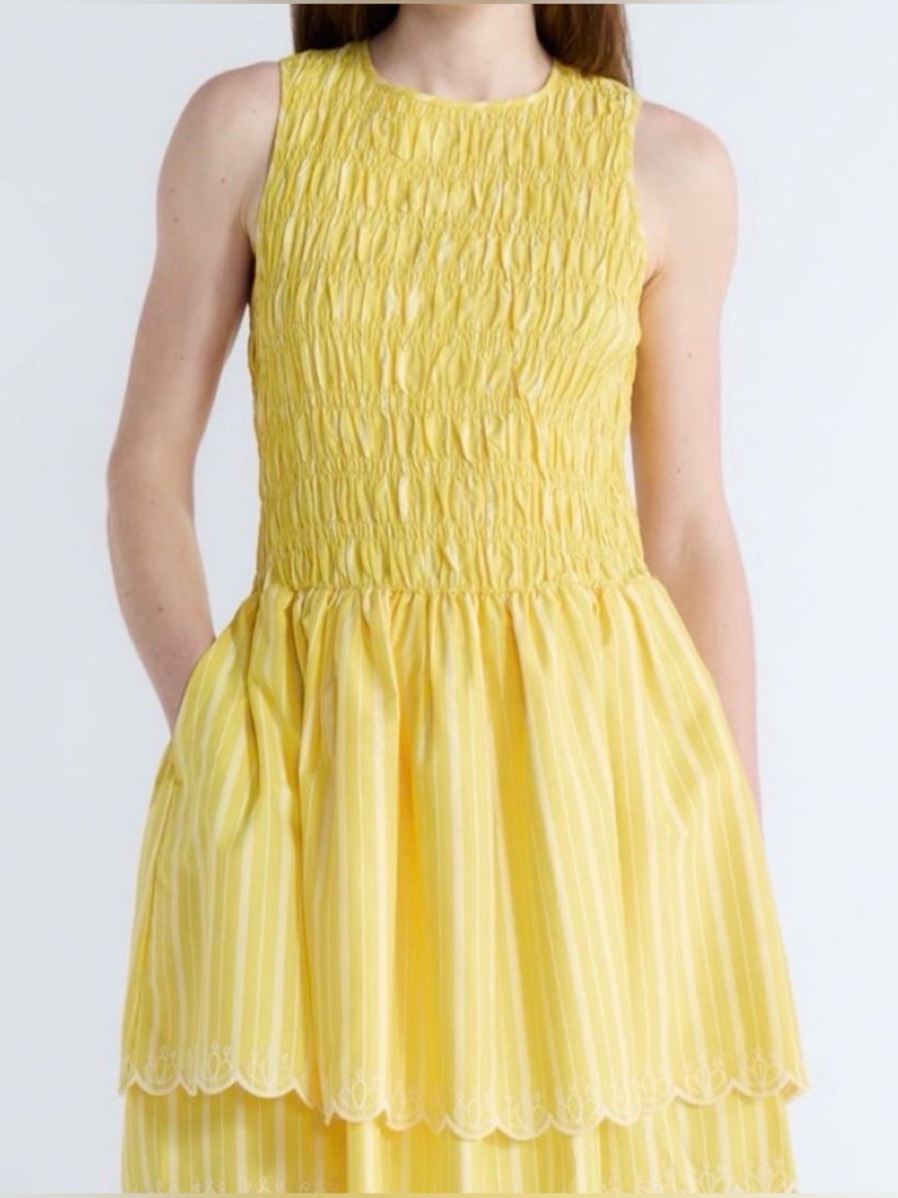Women’s Striped Yellow Smocked Tiered Mini Dress with Scalloped Double Hem